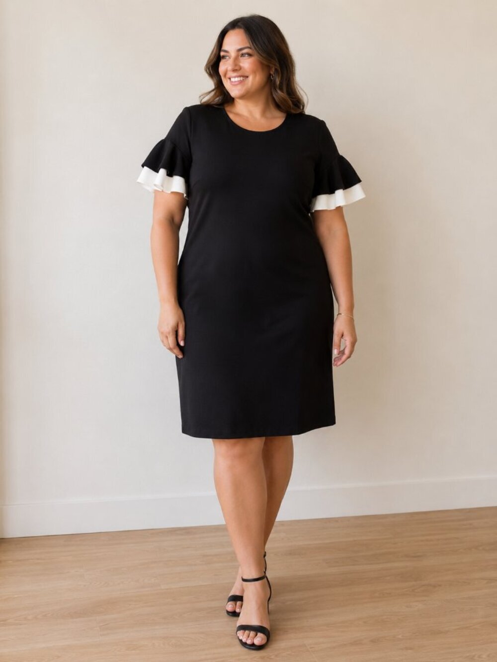 Tommy Hilfiger Black White Colorblock Ruffle Sleeve Dress L / 16